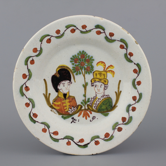 Plat orangiste en faïence de Delft, décor double portrait royal, 18e