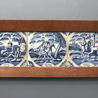 Lot de 3 carreaux bibliques encadrés en faïence de Delft, bleu et blanc, 18e