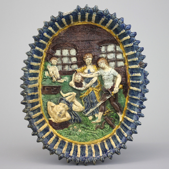 Plat ovale sur pied, décor "La Décapitation de Holofernes", France, Ecole Palissy, 17e