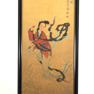 Chinees schilderij op zijde met voorstelling van vrouwelijke Onsterfelijke met zwaard, 19e eeuw