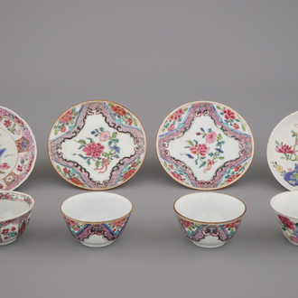 Groep van 4 kopjes en schoteltjes , famille rose, Yongzhen en Qianlong