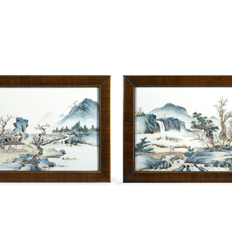 Paar plaquettes in Chinees porselein met fijne landschapsbeschildering, 19e eeuw