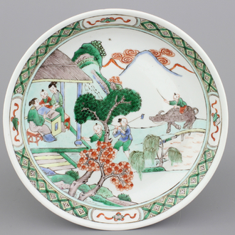 Fijn bord met dorpsscene, famille verte, 19e eeuw