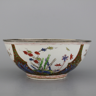 Samson chinoiserie kom  met zilveren rand, famille verte, 19e eeuw