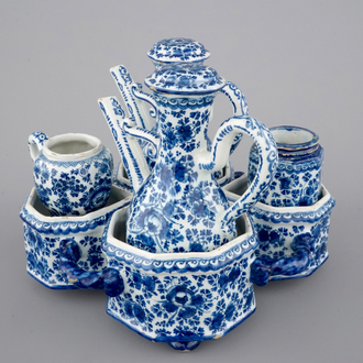 An exceptionally extensive Dutch Delft blue and white cruet set, 18th C.