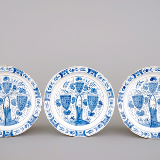 A set of 3 Dutch Delft blue and white dishes with grape vines, 18th C.