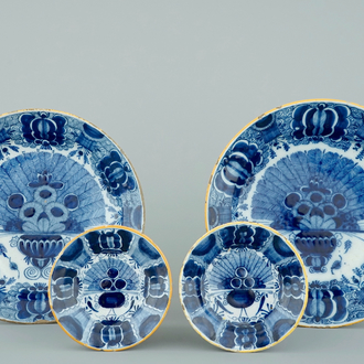 Two pairs of Dutch Delft blue and white peacock tail's plates, 18th C.
