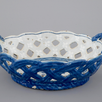 A blue and white Brussels faience open-worked basket, 18th C.