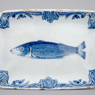A Dutch Delft blue and white rectangular herring dish, 18th C.