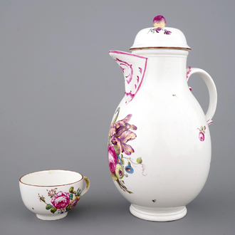 A Höchst porcelain coffee pot and cup with floral decoration, 18th C.