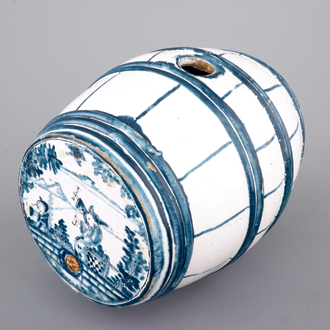 A rare barrel-shaped table fountain in French faience, Lille (?), 18th C.
