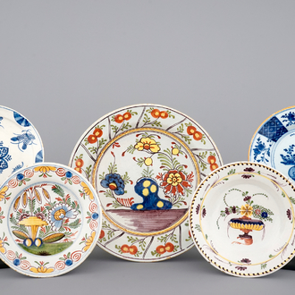 A set of 5 Dutch Delft blue/white and polychrome plates 18th C.