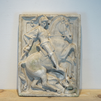 Een plaasteren plaquette met de afbeelding van Sint Joris en de draak, 19/20e eeuw, Brugge