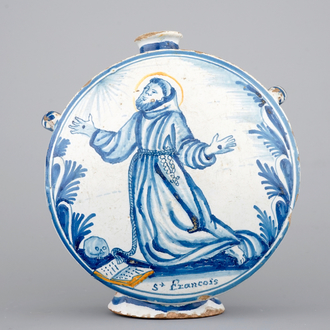 A French faience pilgrim's flask with St.-Francis, Nevers, 18th C.