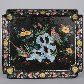 A black Delftware chinoiserie rectangular tray, 19th C.