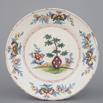 A polychrome French faience dish with floral decoration, North of France, 18th C.