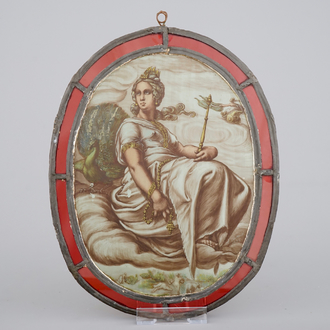 Een gebrandschilderd glas met Juno en de pauw, gesigneerd A. Vincent, 1884
