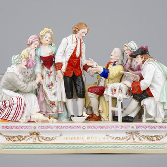 A large porcelain group, L'accordee du village, 19/20th C., after J-B Greuze