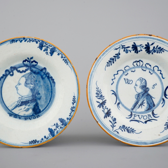 Two Dutch Delft blue and white royal portrait plates, 18th C.