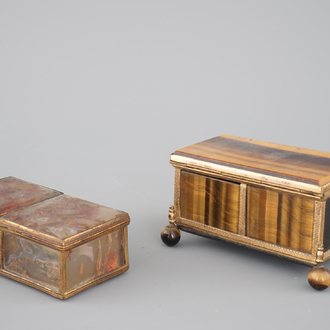 Two small natural stone and brass boxes, tiger eye and incrusted agate, 19th C.