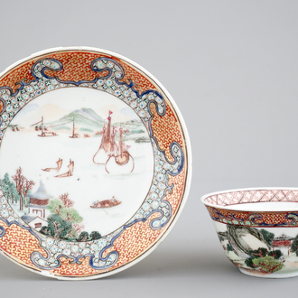 A Chinese export porcelain cup and saucer with a harbor scene, Yongzheng, 1722-1735