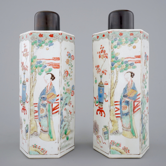 A pair of hexagonal Chinese famille verte tea caddies, Kangxi, ca. 1700