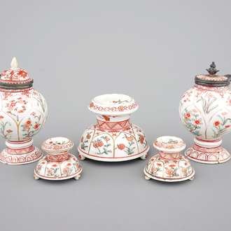 A set of three Chinese famille verte and iron red porcelain salts and two mustard pots with silver mounts, Kangxi, ca. 1700