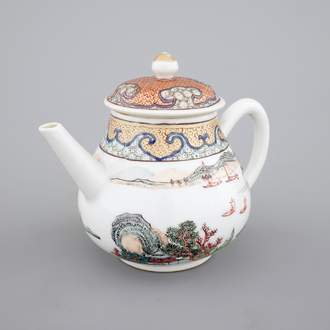A Chinese export porcelain tea pot or jug and cover with a harbor scene, Yongzheng, 1722-1735