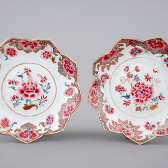Two Chinese famille rose porcelain lotus-shaped plates, Yongzheng, 1722-1735