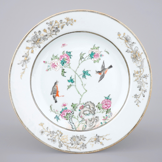 A fine Chinese famille rose porcelain plate with birds on a peony branch, Yongzheng, 1722 – 1735