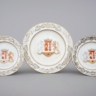 Three Chinese armorial export porcelain bianco sopra bianco and grisaille plates, Qianlong, 18th C.