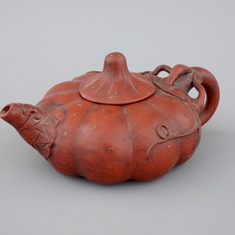 A Chinese Yixing stoneware pumpkin-shaped teapot, 19th C