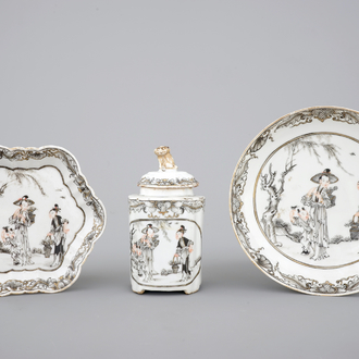 Chinese grisaille export porcelain: a tea caddy, saucer and teapot stand, 18th C
