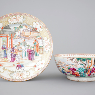 A Chinese export porcelain Mandarin pattern bowl and a dish, Qianlong, 18th C.