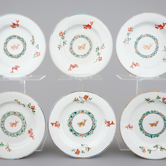 A set of six Chinese verte-imari porcelain plates with fish, Kangxi, ca. 1700