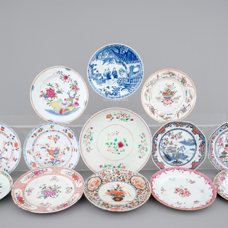 A group of 12 various Chinese Kangxi and Yongzheng porcelain plates, 18th C.