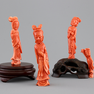 Four Chinese carved red coral figures, 19/20th C.