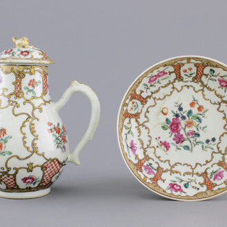 A Chinese export porcelain jug and cover with matching saucer, 18th C.