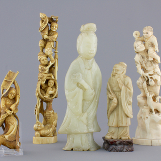 A group of various Chinese and Japanese carvings in soapstone, ivory and jadeite, 19th C.