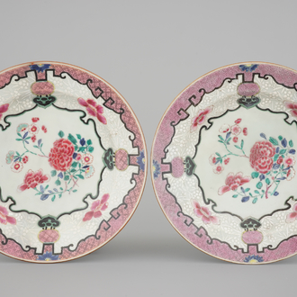 A pair of Chinese famille rose bianco sopra bianco dishes, 18th C.