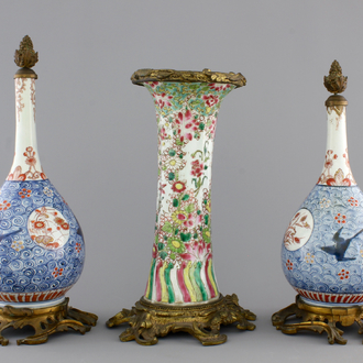 Three Chinese vases with gilt bronze mounts, 18th C.