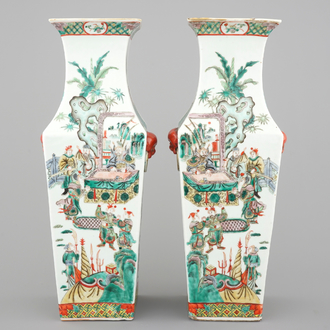A pair of square Chinese wucai porcelain vases with warriors, 19th C.