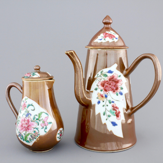 A Chinese famille rose Batavian ware chocolate pot and cream jug, Qianlong, 18th C.