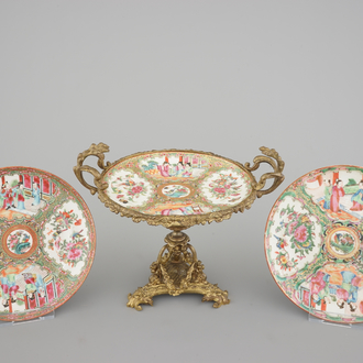 3 Chinese Canton famille rose porcelain plates, one with ormolu mount, 19th C.