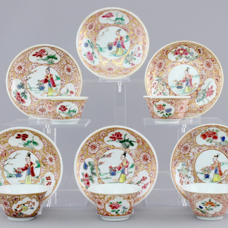 A set of five Chinese famille rose cups and six saucers, Yongzheng-Qianlong, 18th C.