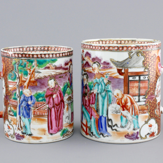 Two Chinese export porcelain mandarin pattern mugs with dragon handles, Qianlong, 18th C.