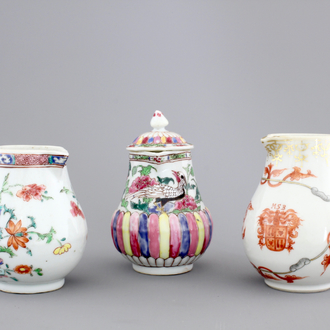 Three Chinese famille rose porcelain cream jugs, one armorial, Qianlong, 18th C.