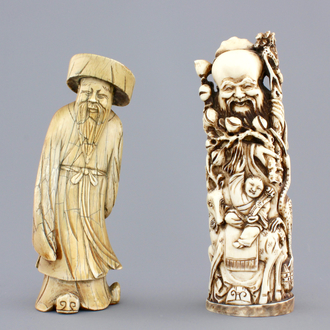 Two Chinese carved ivory figures, one of Shou Lao, 19th C.
