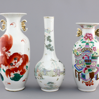 Three Chinese famille rose porcelain vases, 19th C.
