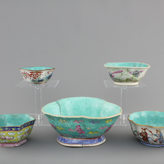 Five Chinese famille rose porcelain bowls, 19th C.